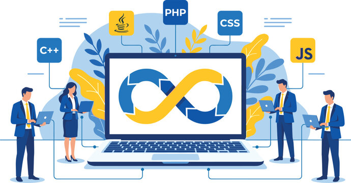 Software development lifecycle and DevOps concept with programmers working on programming languages vector illustration