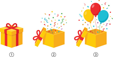 Unboxing step sequence with yellow gift box opening to reveal confetti and flying balloons vector illustration © Arif Ahmed