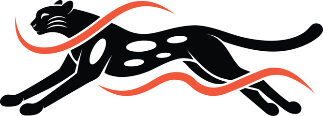 Black running panther icon with abstract orange energy lines isolated on transparent background, Vector © Orpita