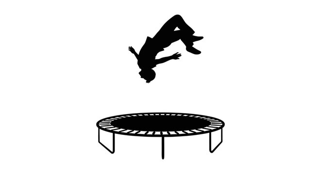Silhouette of a person jumping on a trampoline against a white background
