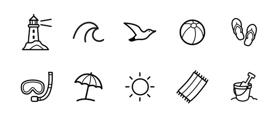 Obraz na płótnie Canvas Collection de 10 pictogrammes plage et bord de mer en style doodle minimaliste : phare, vague, mouette, ballon, tongs, masque, parasol, soleil, serviette et seau de plage.