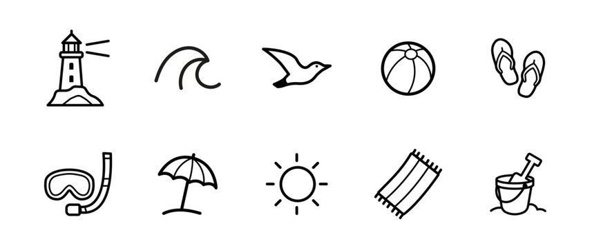 Collection de 10 pictogrammes plage et bord de mer en style doodle minimaliste : phare, vague, mouette, ballon, tongs, masque, parasol, soleil, serviette et seau de plage.