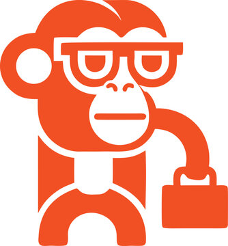 Orange monkey icon wearing glasses and carrying a briefcase isolated on transparent background, Vector