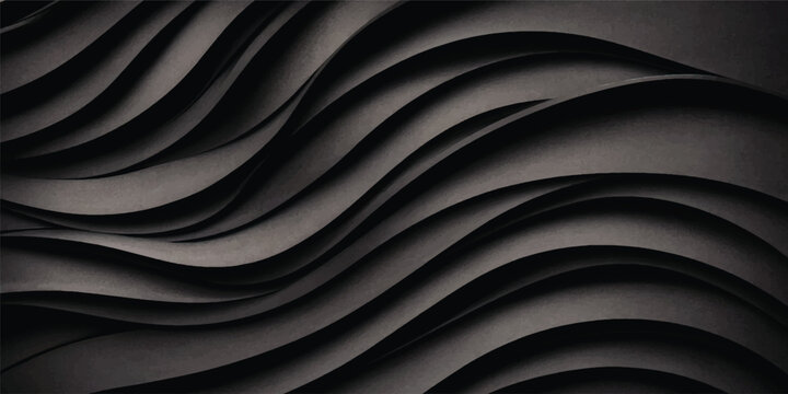 Abstract black and white wave line pattern on dark background with smooth metallic silver texture and modern 3D design