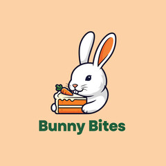 Fototapeta premium Cute white bunny rabbit character eating a piece of delicious carrot cake logo illustration.