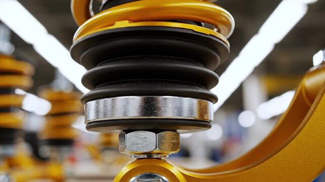 Macro view of a high performance yellow coilover suspension assembly with black rubber boot and hardware