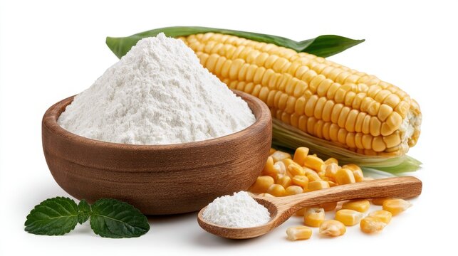 Cornstarch in a wooden bowl with a cob of corn, isolated on white background