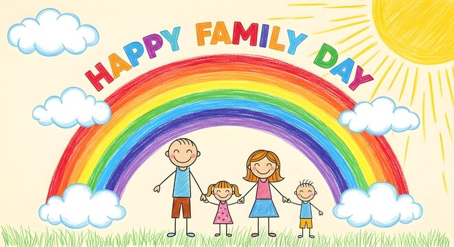 Child's drawing of a family with rainbow and sun happy family day illustration