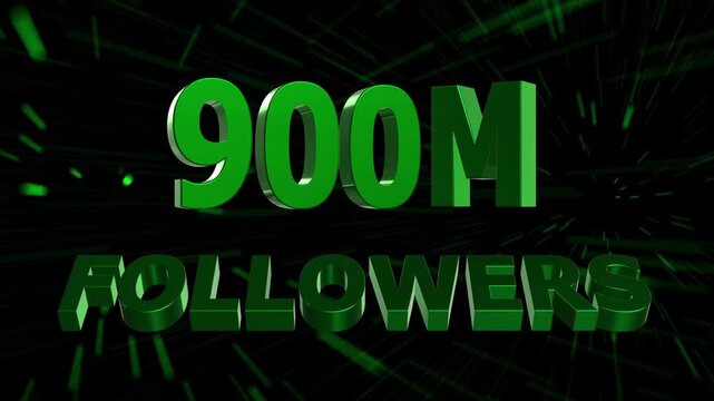 900 Million Followers Celebration Animation. 3D Social Media Milestone with Abstract Motion Lines Background 4K.
