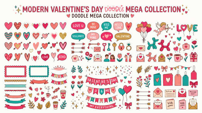 Modern valentines day doodle mega collection with speech bubbles and stickers for romantic design elements for social media posts with cute animals and love messages for festive greeting cards art.