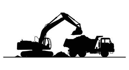 Excavator And Dump Truck Silhouette Against White Background © sakib