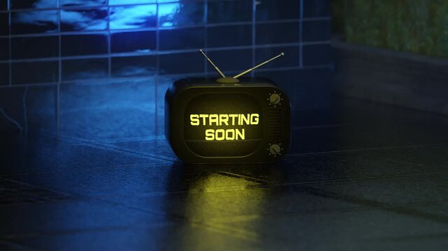 Seamless looping animation of a vintage television displaying a glowing Starting Soon message in a moody neon-lit environment. Perfect for livestream intros and waiting screens. 3D render