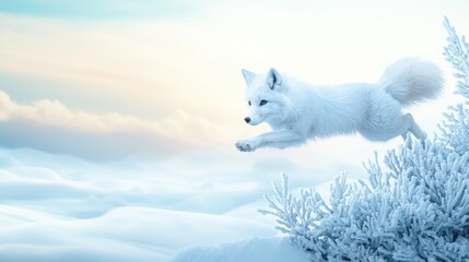 Fototapeta premium Carnivore Fox leaping into the snow to catch its next meal.