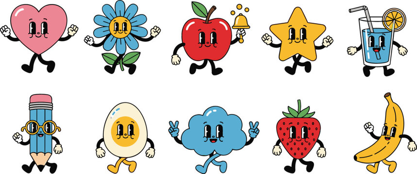 Trendy Retro Cartoon Character Mascot Set in Vintage Rubber Hose Style featuring Cute Fruits Objects and Shapes Vector Illustration Collection