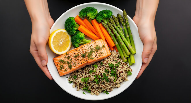 Overhead shot of hands holding a healthy pescatarian lunch plate. Baked salmon with quinoa and steamed vegetables. Dieting and wellness