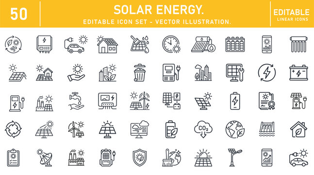 Solar Energy icon set. Renewable power related line icons: solar panel, green energy, electricity, sustainable technology, eco system, clean environment and more.  Vector illustration.