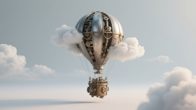Vintage steampunk mechanical hot air balloon with exposed gears floating in soft cloudy sky, fantasy airship concept