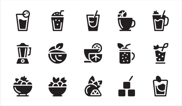 Modern drink and cocktail icons collection with fruit garnishes and blender equipment art.