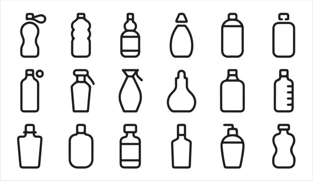 Plastic bottle line icons set featuring various packaging shapes for liquid and beverages.