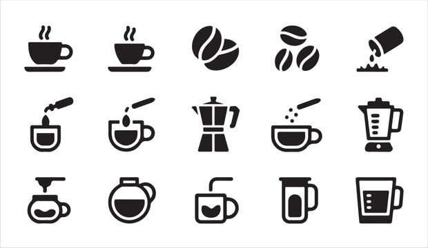 Coffee making process icons set showing beans brewing and serving on white background.