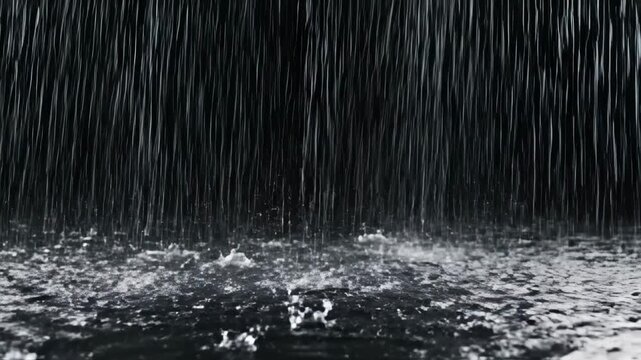 Dramatic Heavy Rain Falling with Water Splashes on Black Background, Ideal for Cinematic Overlays and Weather-Themed Video Projects.