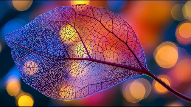 Glowing translucent leaf with intricate colorful veins and blurred bokeh lights