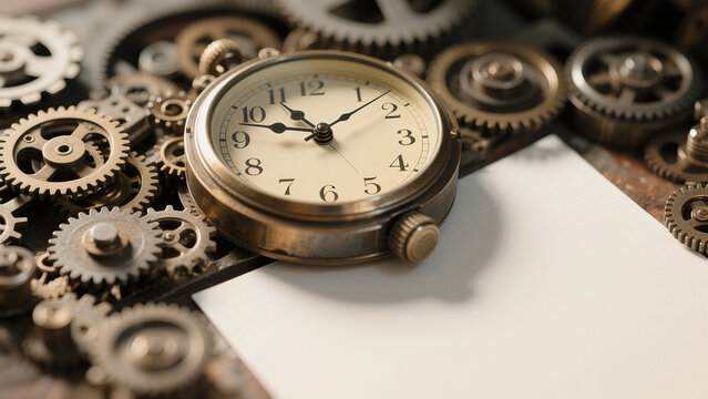 Vintage steampunk pocket watch with exposed gears, antique timepiece surrounded by metal cogs on dark textured background
