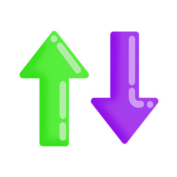 Green up arrow and purple down arrow vector illustration. Stylized up and down arrows with white outline on transparent background. Glossy green increase and purple decrease arrow icons.