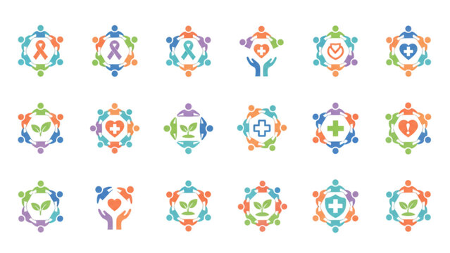 Healthcare community and charity vector icon set medical cross ribbon heart people circle unity support emblem collection design