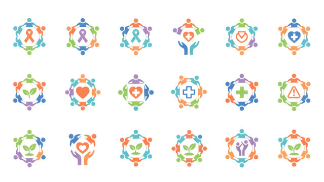 Healthcare community and charity vector icon set medical cross ribbon heart people circle unity support emblem collection design