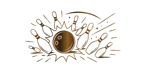 Bowling strike with golden metallic effect, shiny ball and flying pins © Sadhin07