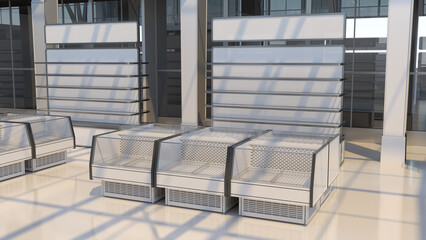 Sunlit commercial space with white display racks, refrigerated display cabinets and glass walls. 3d illustration © Wire_man