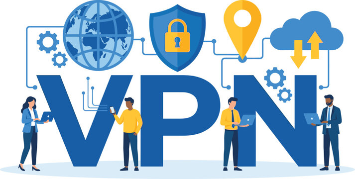 VPN virtual private network concept with small people securing internet connection data traffic vector illustration