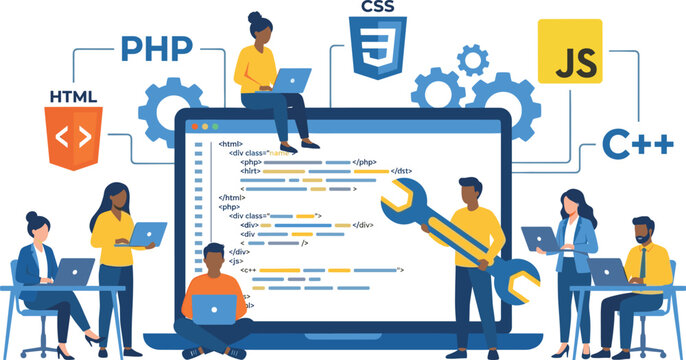 Web development and software programming concept with tiny developers coding on giant laptop flat vector illustration