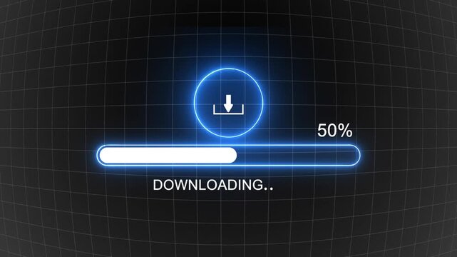 Illustration of the process of downloading file from the Internet on a computer monitor screen. A computer monitor displaying information about the data download in real time, including percentages.