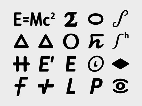 Collection of mathematical and physics symbols including Einsteins equation and integral signs for science education and abstract concepts isolated on a light gray background