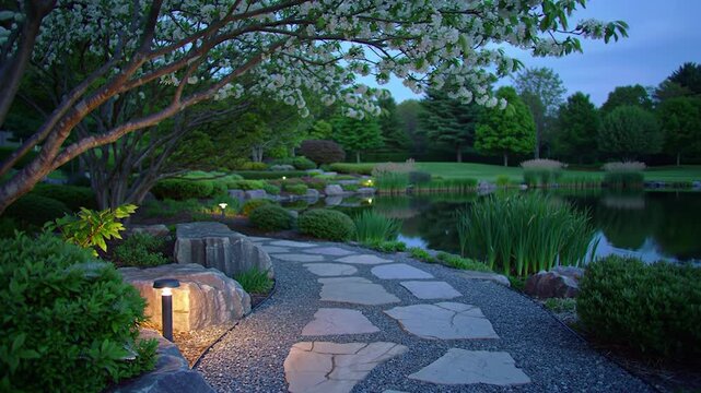 Manicured garden path with flagstones and landscape lighting leading past blooming trees and a pond at twilight