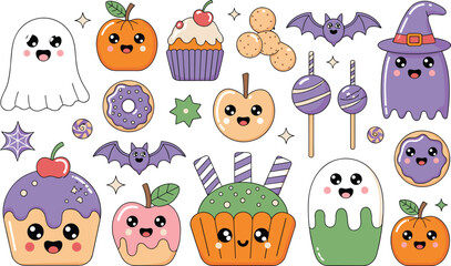 Naklejka premium Collection of kawaii halloween sweets, treats and spooky characters for kids