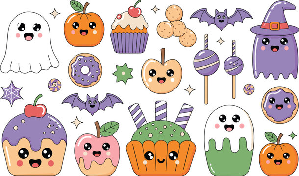 Collection of kawaii halloween sweets, treats and spooky characters for kids