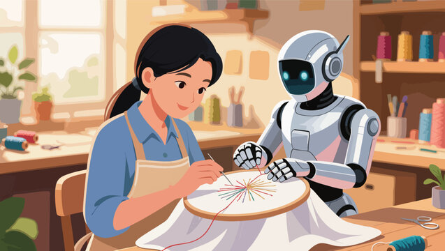 Robot and woman embroidering together in a cozy craft room.