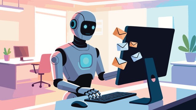 Robot working at a computer, receiving emails in an office environment robot android.