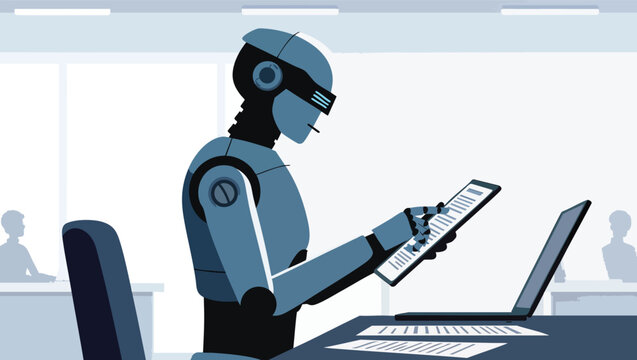 Robot working on tablet and laptop in office setting robot artificial intelligence.