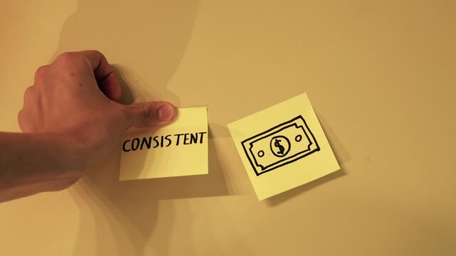 Male hand placing a sticky note with the word consistent next to another with a drawing of a dollar bill, illustrating the connection between consistency, hard work, and financial success