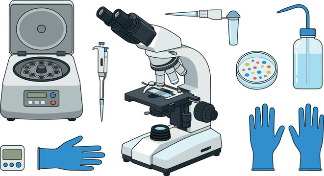 Biology laboratory research science equipment vector set featuring optical microscope centrifuge machine micropipette electronic timer petri dish and blue latex safety gloves