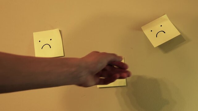 Hand removing two sad face sticky notes from a wall, leaving only one with a happy smiling face for a positive emotional concept symbolizing optimism, happiness, and problem solving