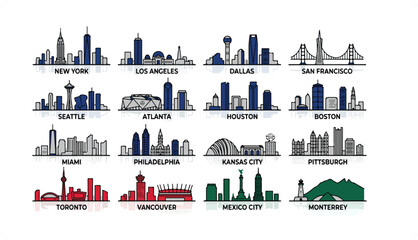 Naklejka premium A collection of 16 stylized city skylines from various North American cities, featuring iconic buildings and landmarks with distinct color schemes.