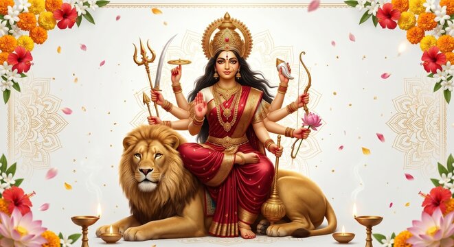 Goddess Durga with multiple arms seated on a lion holding and flowers with decorative mandalas and oil lamps