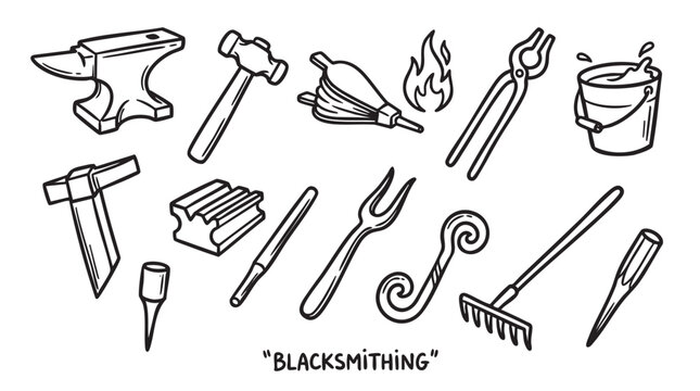 Blacksmithing tools collection including anvil hammer and fire equipment.