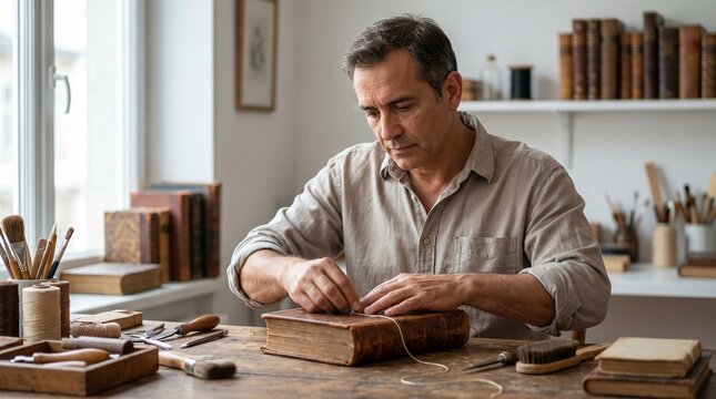 Man repairing a leather book binding
