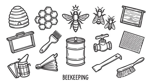 Beekeeping equipment icons set for honey production and bee farming.